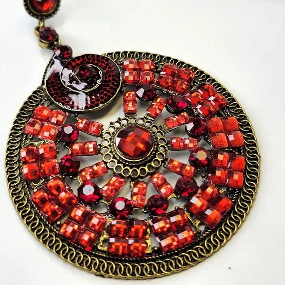 Red Rhinestone Circular Statement Earrings - Picture 3 of 8